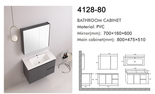 VASILE Bathroom Cabinet with Mirror – Matt Grey 800mm (VBC-4128-80)