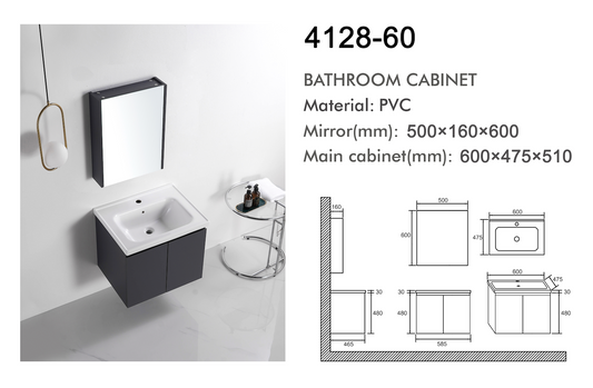 VASILE Bathroom Cabinet with Mirror – Matt Grey 600mm (VBC-4128-60)