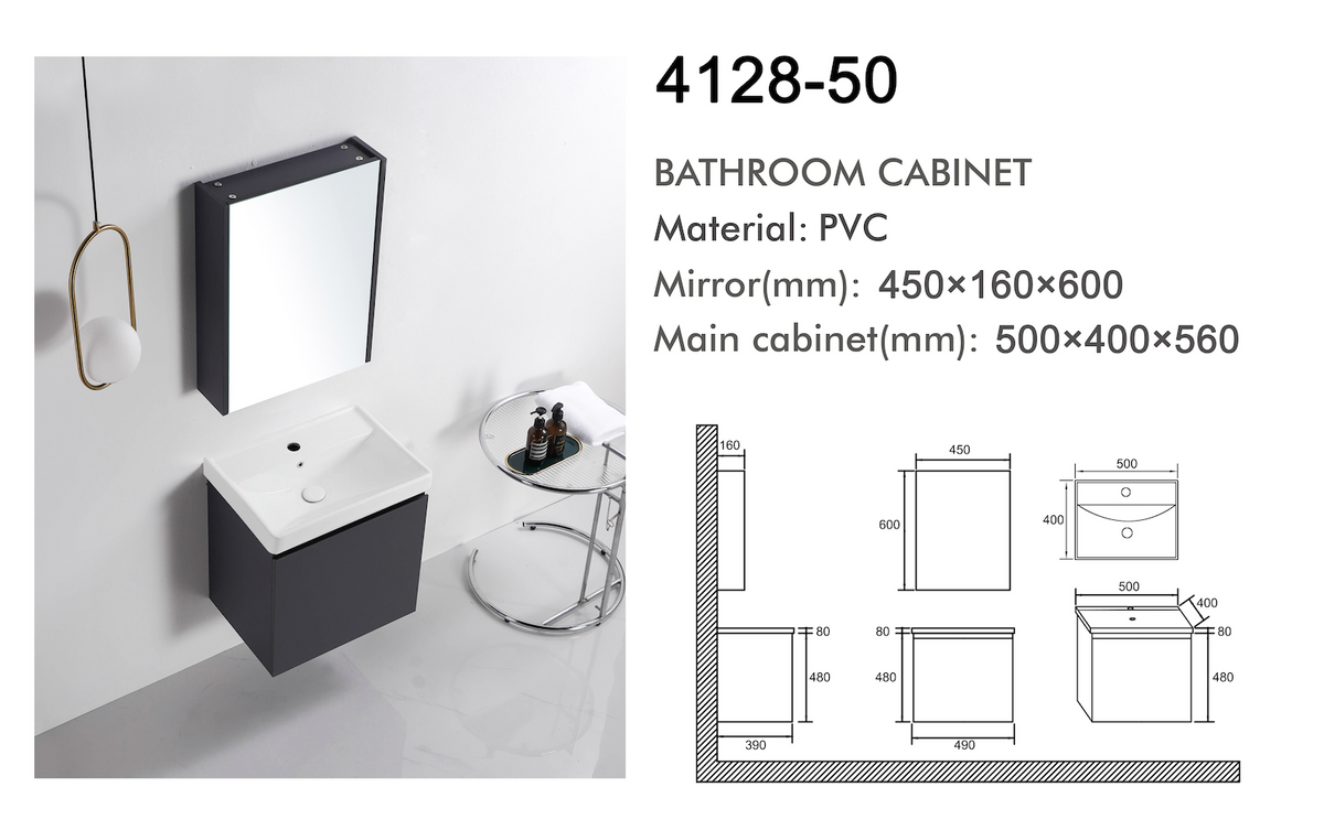 VASILE Bathroom Cabinet with Mirror – Matt Grey 500mm (VBC-4128-50)