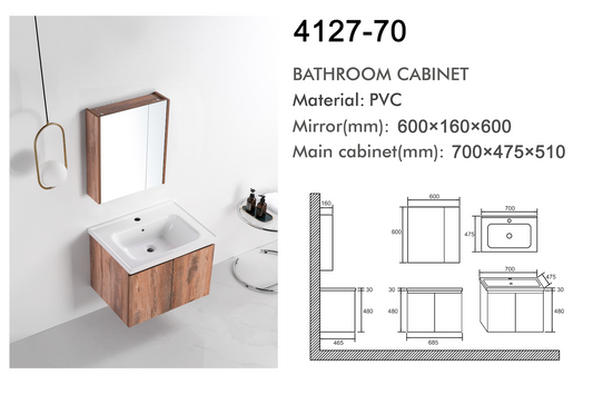 VASILE Bathroom Cabinet with Mirror – Wood Grain 700mm (VBC-4127-70)