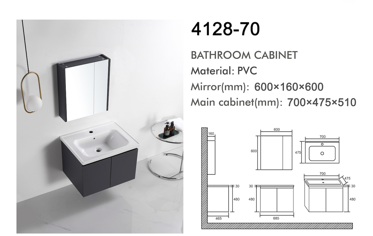 VASILE Bathroom Cabinet with Mirror – Matt Grey 700mm (VBC-4128-70)