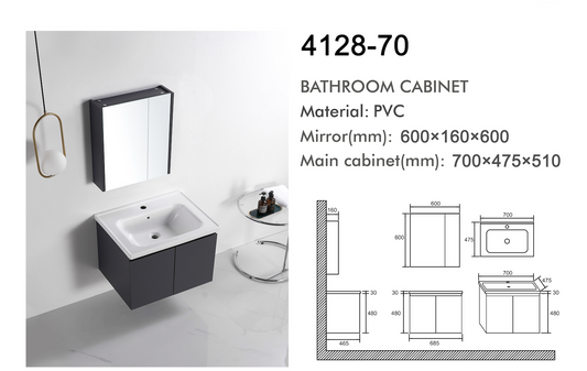 VASILE Bathroom Cabinet with Mirror – Matt Grey 700mm (VBC-4128-70)