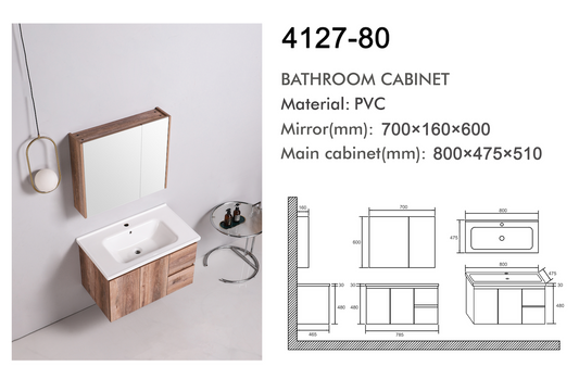 VASILE Bathroom Cabinet with Mirror – Wood Grain 800mm (VBC-4127-80)